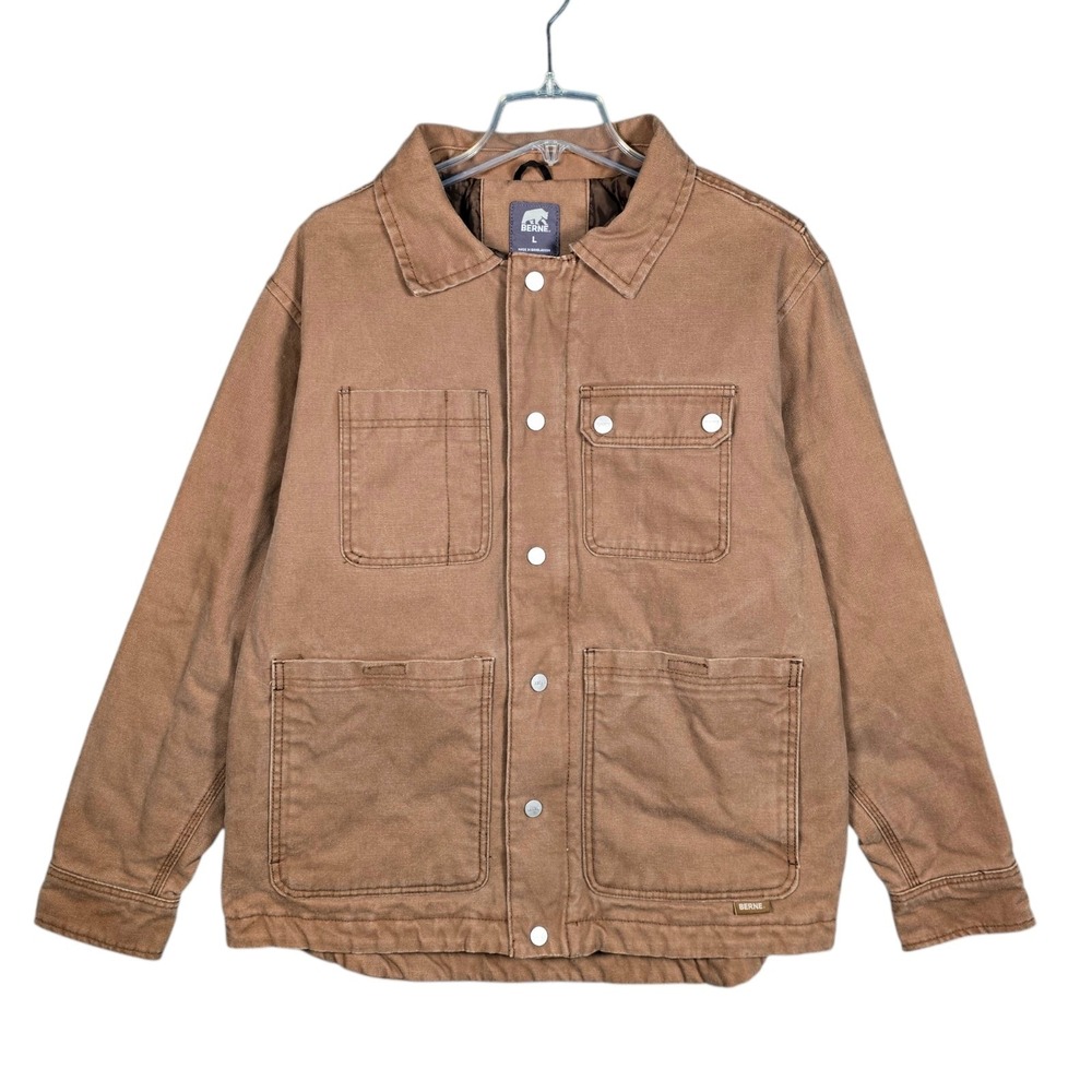 Berne Jacket Mens Large Vintage Washed Duck Chore Coat Brown Workwear Pockets
